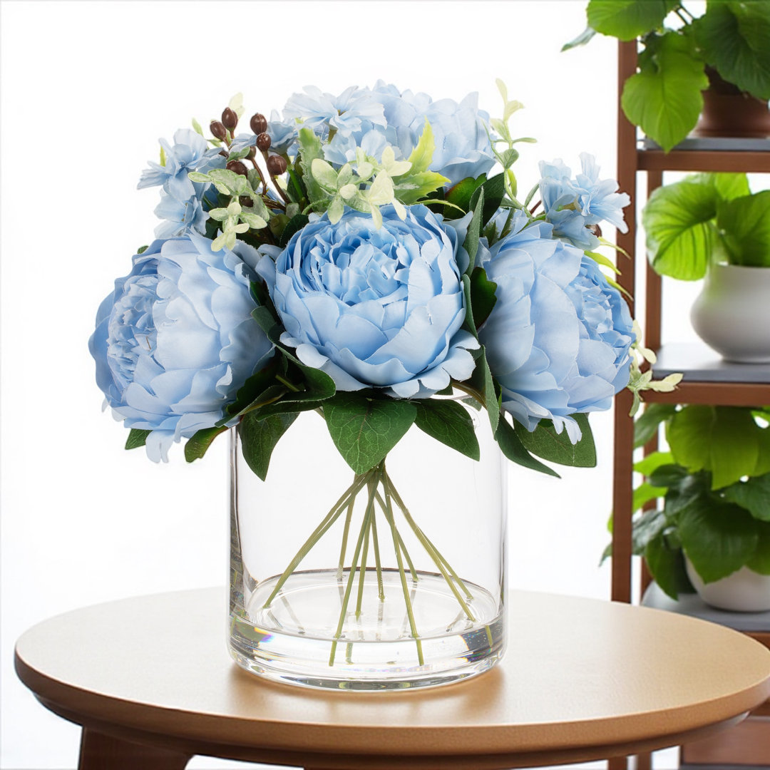 Mixed Artificial Peony Flower Arrangement In Glass Vase With Faux Water